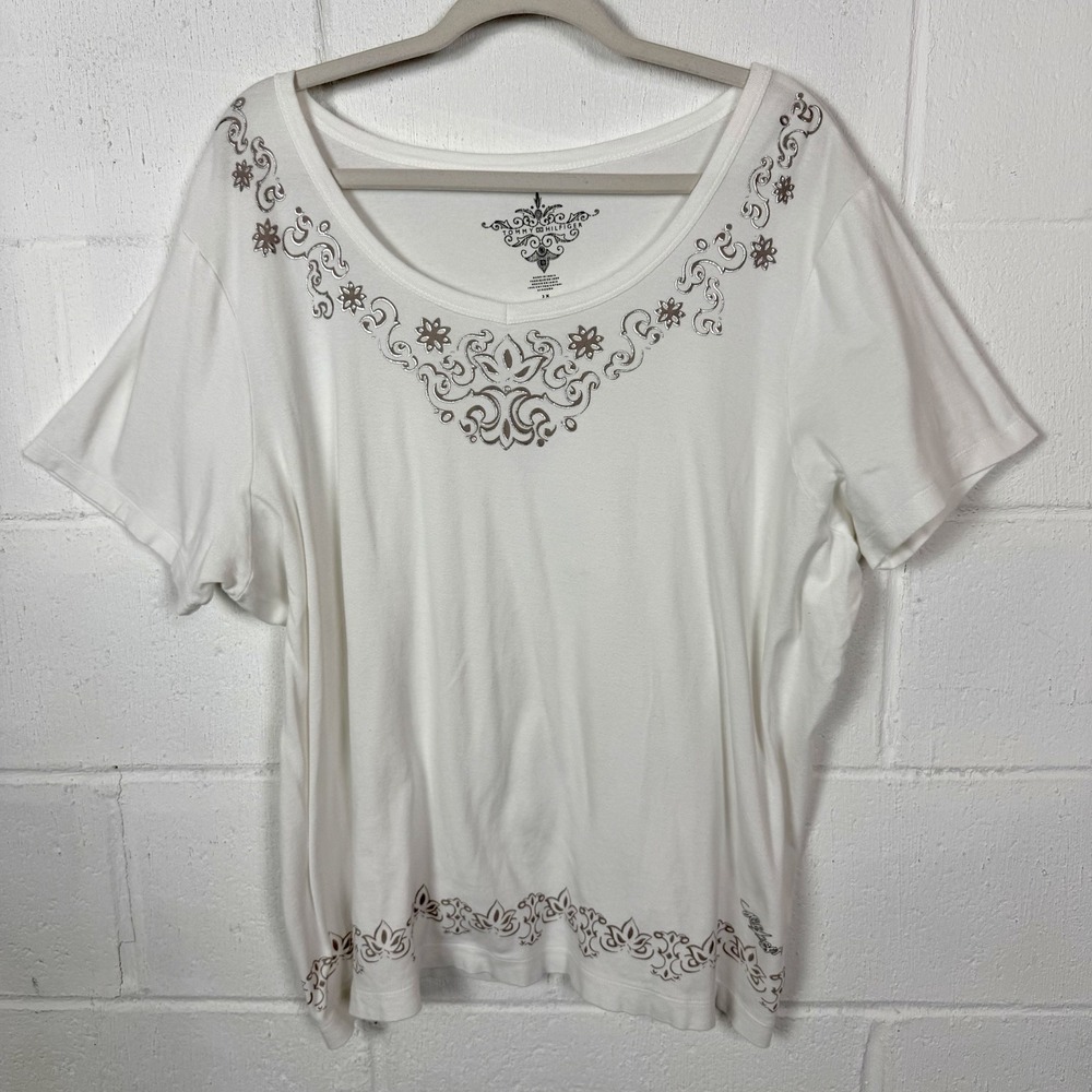 Tommy Hilfiger Womens T-Shirt White Silver Embellished Floral Trim Artsy Size 3X
